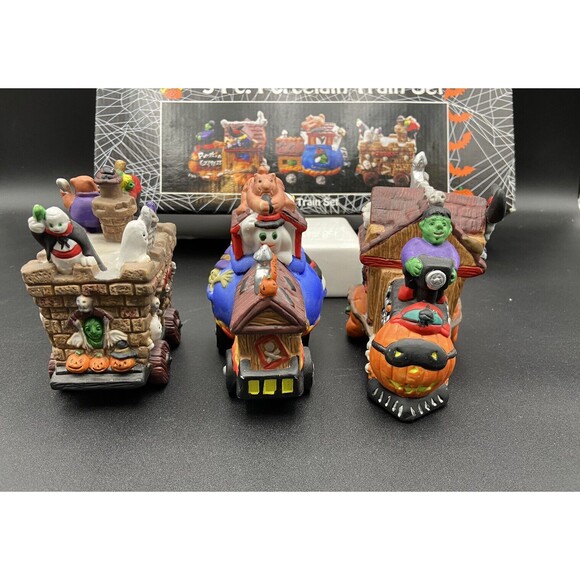 Halloween Harvest Pumpkin Express Spooky 3pc Porcelain Train Set  Vintage - Picture 7 of 13